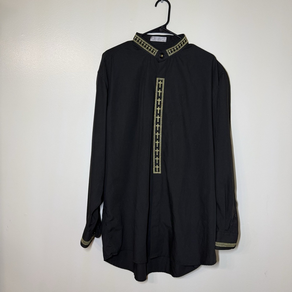 Daniel Ellissa Men's Black Clergy Shirt Gold Cross Embroidery Convertible Cuff